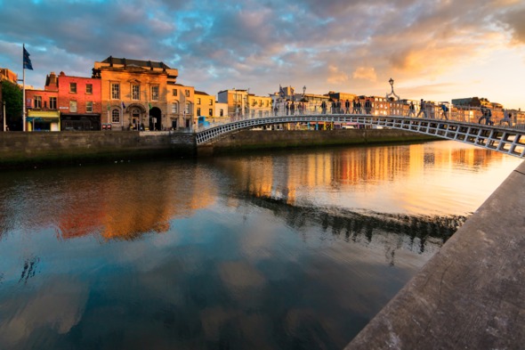 Sunset over the Liffey river in Dublin, Ireland