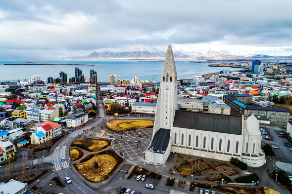 Aerial view of Hallgrimskirkja in Reykjavik, Iceland