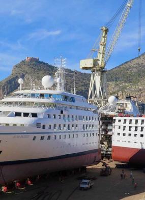 Windstar's Star Breeze being stretched in Palermo (photo by Anne Kalosh)