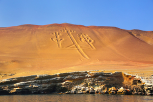 Candelabra petroglyph on the Paracas peninsula, Pisco Bay, Peru