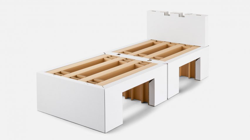 A white cardboard bed